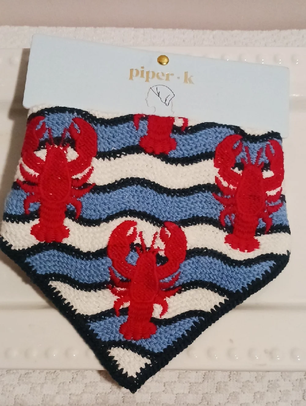 Piper Knit Bandana Bib with Red🦞 Lobsters on Blue & White Waves 🦞